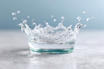 Crystal Clear Water Splash Crown Formation Captured in Macro Extreme Close Up with Soft Blue Background and Subtle Lighting