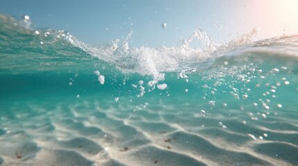 Crystal Clear Turquoise Water Surface Ripples and Bubbles Underwater View Sunlight Shines Through Tropical Ocean Above Sandy Seabed Ripples