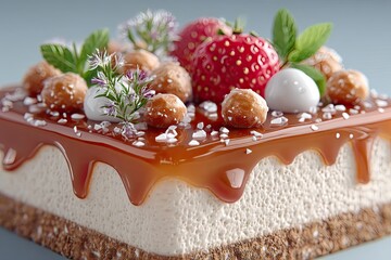 Decadent Chocolate Cake with Creamy White Filling Caramel Drizzle and Fresh Strawberry Garnish Perfect Dessert Treat Close Up Studio Lighting