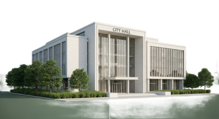 Exterior of modern City Hall building featuring glass windows and symmetrical architectural design.