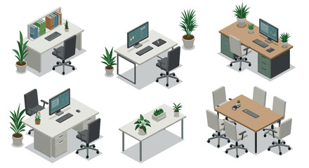 Modern isometric office workspaces with computers, desks, and plants