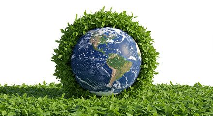 Earth surrounded by green leaves symbolizing environment and sustainability