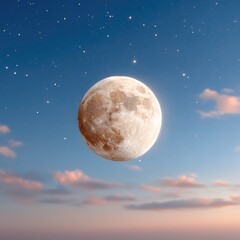 Detailed Macro CloseUp Of The Full Moon Shining Brightly In A Starry Night Sky With Wispy Clouds And A Blue Orange Gradient Sky