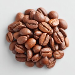 Detailed Macro Shot of Roasted Coffee Beans Arranged in a Circle with Natural Light Highlighting Texture and Rich Brown Tones on a Clean White Background