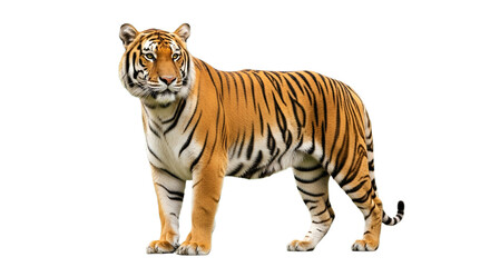 Obraz premium Majestic tiger stands tall, its vibrant orange and black stripes contrasting on a dark background.