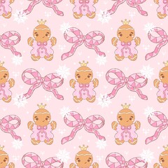 Pink Gingerbread Princess Seamless Pattern - Kawaii Christmas Digital Paper Background Holiday Nutcracker Design
