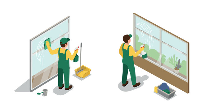 Isometric window cleaning service with workers in uniforms and supplies