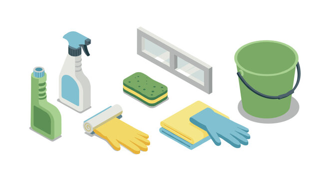 Essential cleaning supplies in isometric style for home and office maintenance