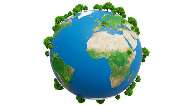 Globe with green trees illustrating environmental conservation and sustainability