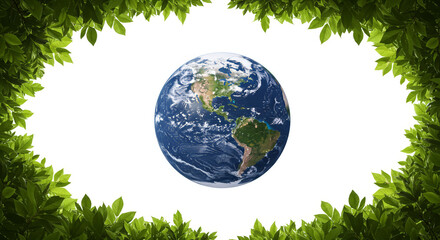 Earth globe inside green leaf frame environmental concept and nature