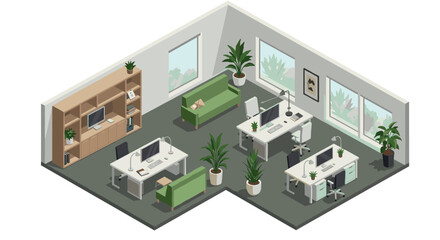 Obraz premium Modern isometric office space with plants and desks in minimalist design