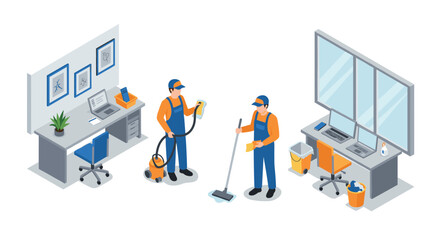 Professional office cleaning service scene with janitors and equipment in modern workspace