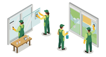 Window cleaning process in isometric style with professional workers and tools