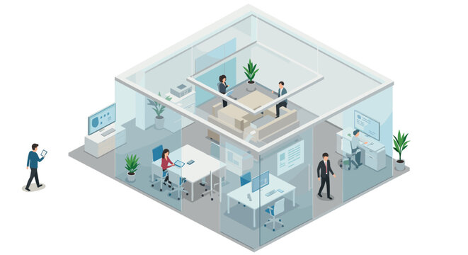 Modern office isometric design with open workspace and meeting rooms