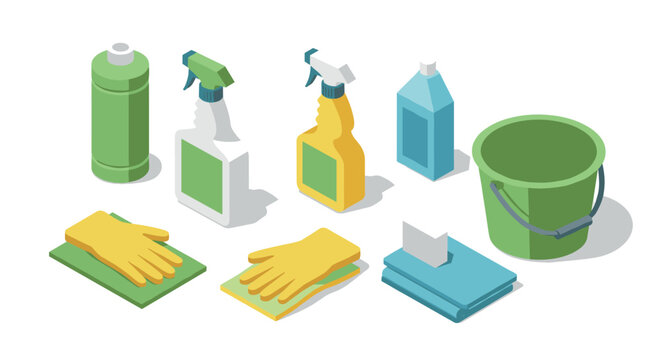 Isometric cleaning supplies arrangement with detergents, gloves, and bucket for household chores