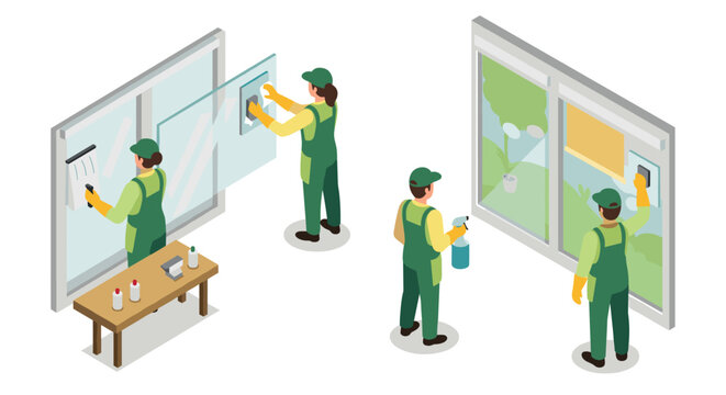 Window cleaning process in isometric style with professional workers and tools