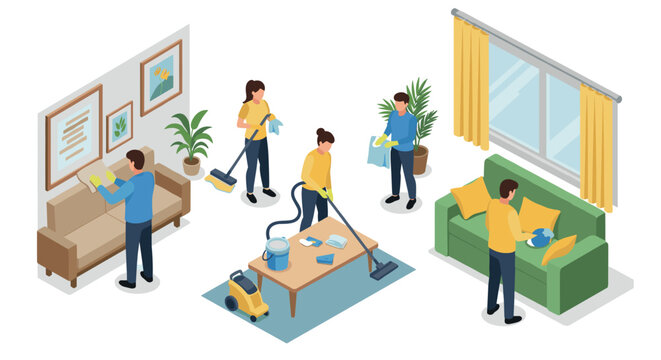 Isometric family cleaning home teamwork and tidiness in household chores
