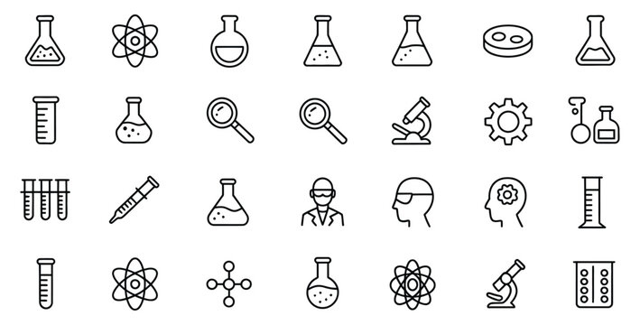 Explore science with this collection of icon designs, ideal for websites, presentations, and educational materials, featuring beakers, microscopes, atoms, and more