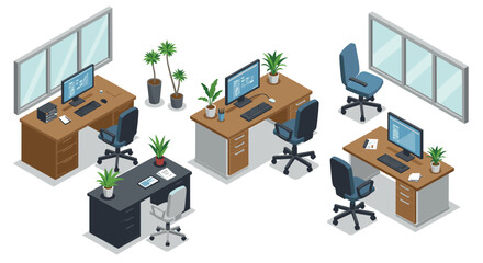 Modern office workspace with desks, computers, chairs, and plants in isometric design