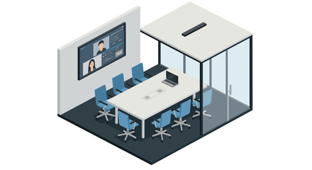 Isometric modern conference room with video meeting setup and glass walls