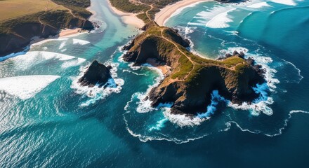 Aerial view of rugged coastal cliffs and turquoise ocean waves