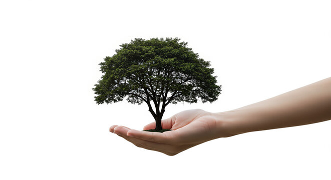 Hand holding a growing tree against transparent background representing care