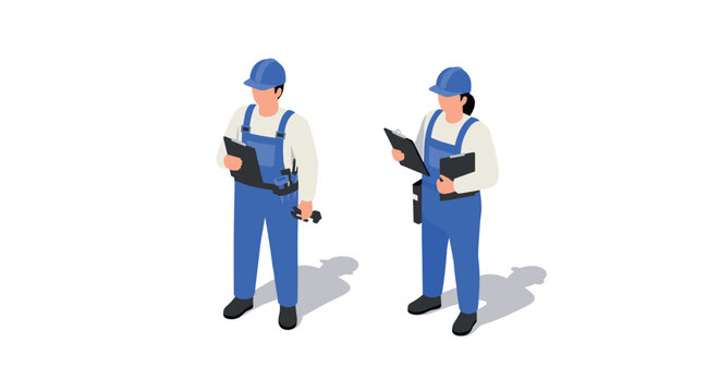 Isometric construction workers in blue uniforms holding tools and clipboards - Powered by Adobe