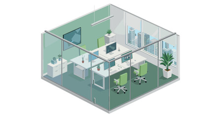 Fototapeta premium Modern isometric office design with glass walls and green accents