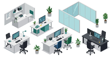 Modern office interior with isometric desks, computers, and plants