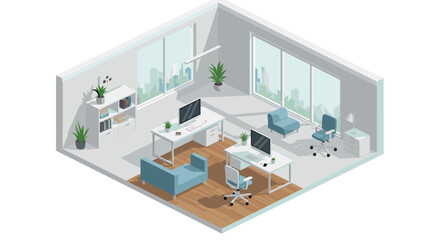 Modern isometric office interior with desks, computers, and chairs in a bright room