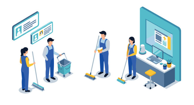 Isometric office cleaning concept with workers mopping and tidying workspace