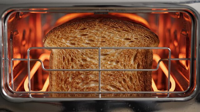 Toast Slices Browning in a Toaster With Glowing Heating Elements