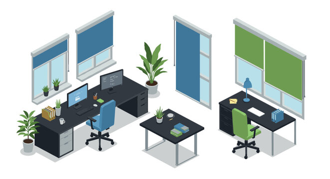 Modern office interior with isometric desk and window designs for workspace inspiration