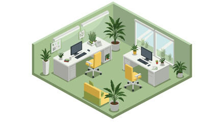 Modern isometric office with desks, chairs, and greenery in a bright room setting