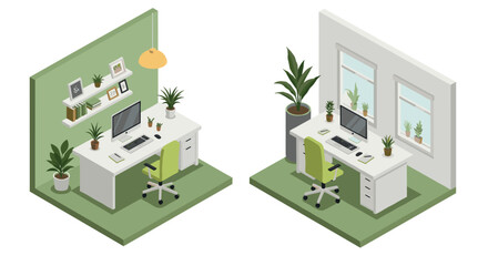 Modern isometric home office setups with green accents and indoor plants