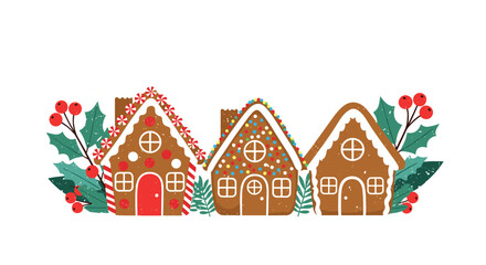 A charming illustration showcases three delightful gingerbread houses adorned with festive icing and colorful candies, flanked by vibrant holly branches with red berries, ideal for holiday designs.