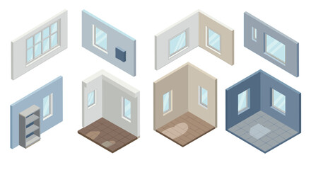 Fototapeta premium Isometric modern room interiors with windows and shelves