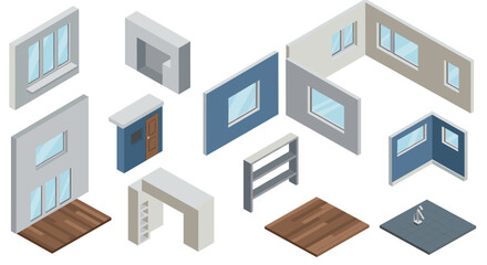 Fototapeta premium Isometric modular home design elements with windows and doors for interior planning