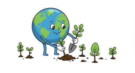 Cartoon earth character planting trees for environmental conservation on transparent background