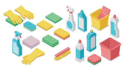 Essential cleaning supplies collection in isometric style for modern home care solutions