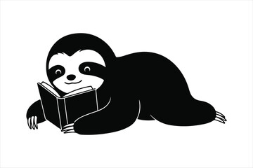 Sloth reading a book vector illustration. cute cartoon animal lying down and happily studying or enjoying leisure time. simple black and white graphic isolated.