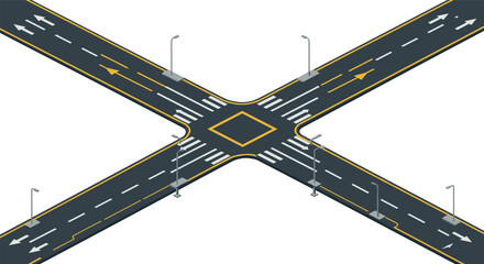 Isometric city intersection with road markings and street lighting