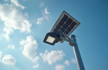 Modern solar powered street lamp with panel and led bulb against blue sky with clouds. Eco friendly outdoor lighting, sustainable energy source for city streets.