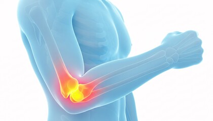 Illustration of a human arm with highlighted elbow joint showing pain or inflammation issue on white
