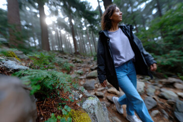 A joyful woman walks confidently along a rocky forest trail, embracing the tranquility of nature and her adventurous spirit amidst the lush greenery of the woods around her.