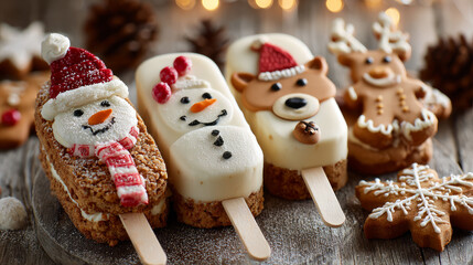 Obraz premium Christmas desserts. ice cream with cheesecake sticks. candy snowman,