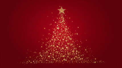 Obraz premium Golden star Christmas tree shape on red background, festive red background with Shiny Golden Stars in Tree Form