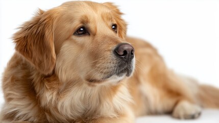 Fototapeta premium Golden retriever resting and looking curiously in a bright indoor setting