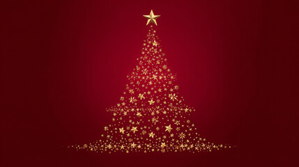 Golden star Christmas tree shape on red background, festive red background with Shiny Golden Stars in Tree Form