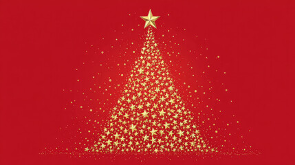 Golden star Christmas tree shape on red background, festive red background with Shiny Golden Stars in Tree Form